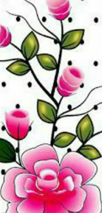 Pink flowers with green leaves on polka dot background.