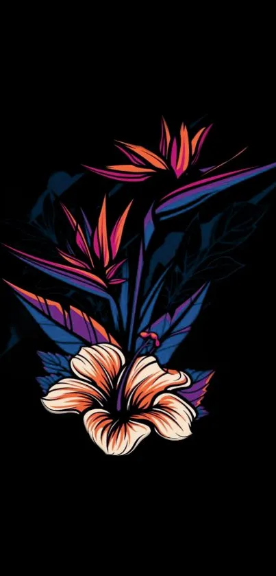 Vibrant floral artwork on a black background, ideal for mobile wallpaper.