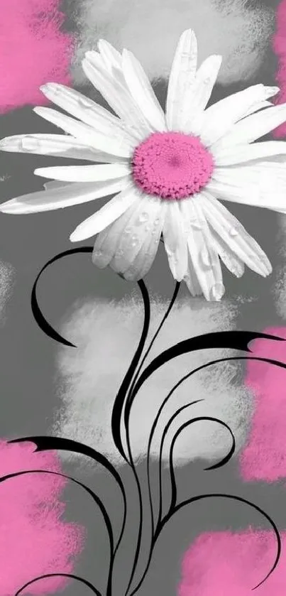 White daisy with black swirls on pink and gray background.