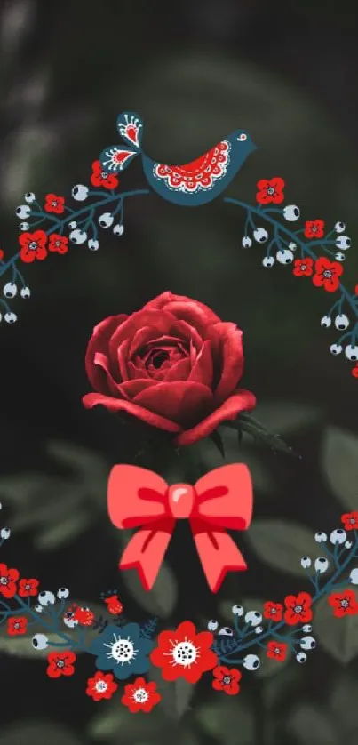 Decorative red rose with blue bird on dark background.