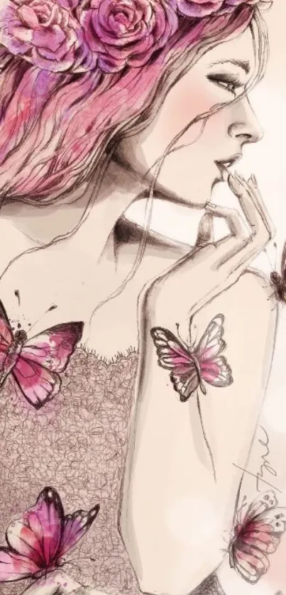 Elegant woman with flowers and butterflies illustration.