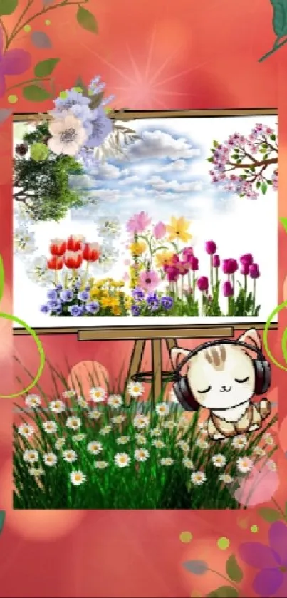 Cute cat with headphones in colorful floral art wallpaper.