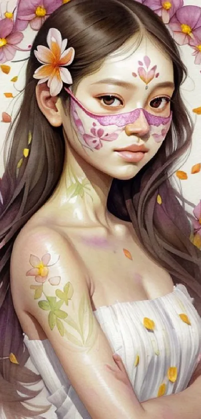 A woman with floral painted face, surrounded by vibrant flowers.