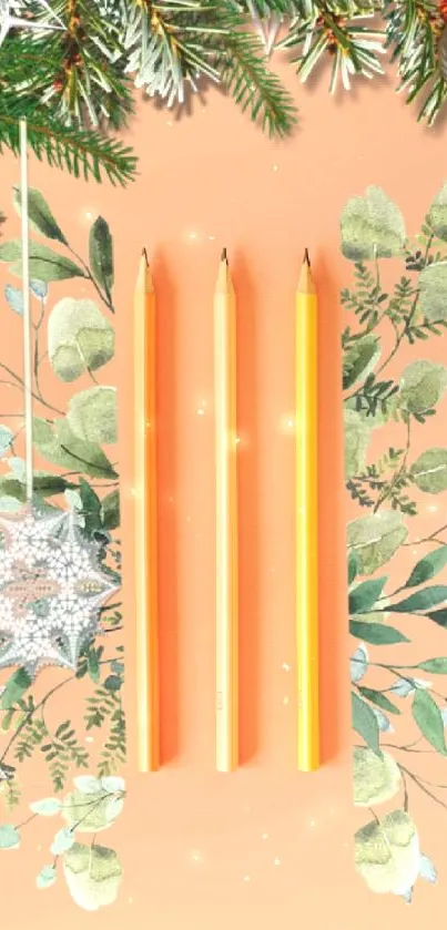 Floral, artistic wallpaper with orange, green hues and decorative pencils.