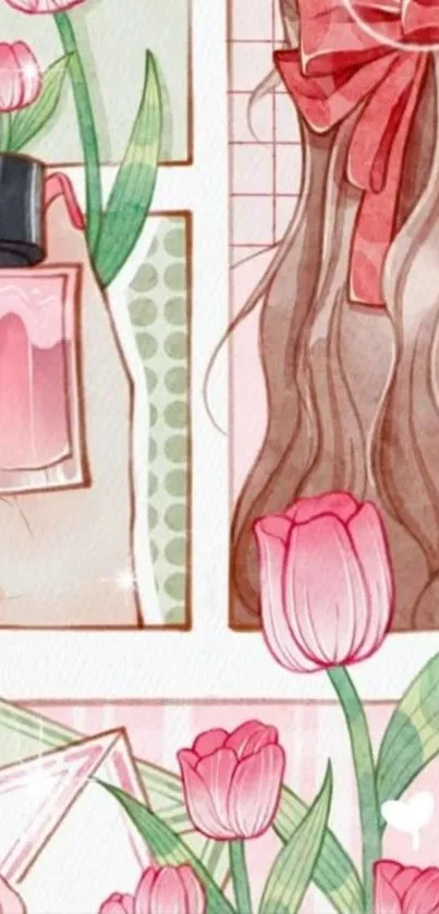 Artistic design of pink tulips with a perfume bottle and ribbon.