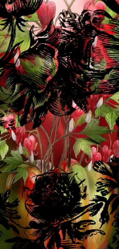 Floral artistic wallpaper with red and green hues.