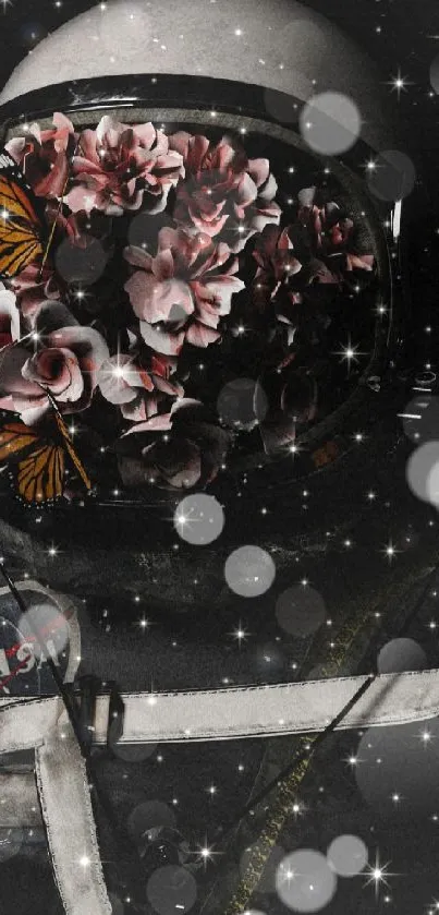 Astronaut with floral helmet and butterflies in starry space scene.