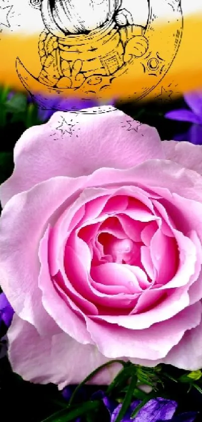 Purple flowers and pink rose with an astronaut sketch overlay.