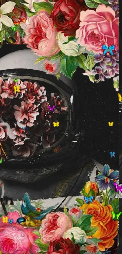 Astronaut surrounded by vibrant flowers and butterflies.