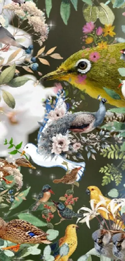 Colorful birds among flowers in nature art design.