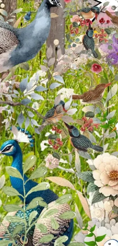 Colorful birds amidst lush greenery and flowers in a serene wallpaper.