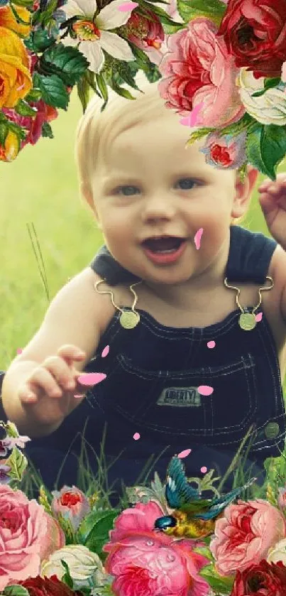 Baby smiling surrounded by vibrant flowers on green grass.