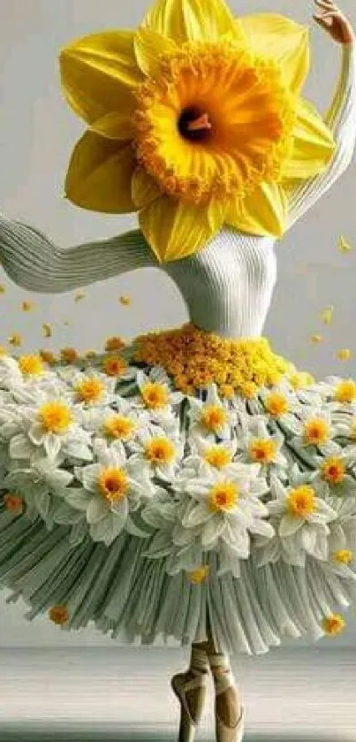 Floral ballerina with daffodil head, elegant pose.