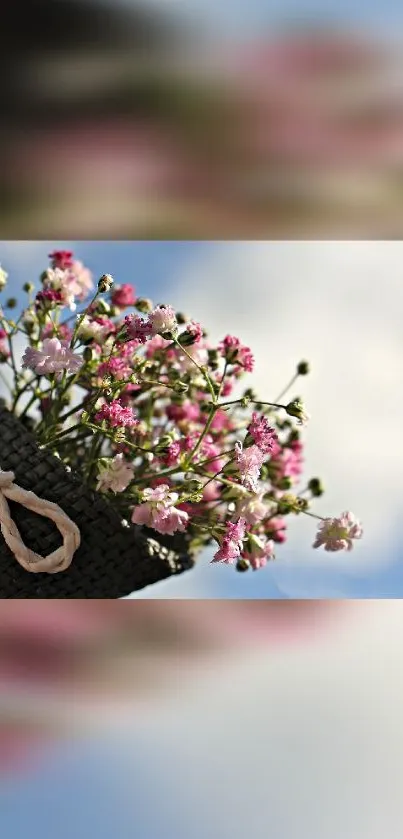 Woven basket with pink and white flowers against a clear blue sky.