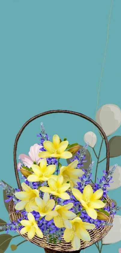 Teal background with bright floral basket art.