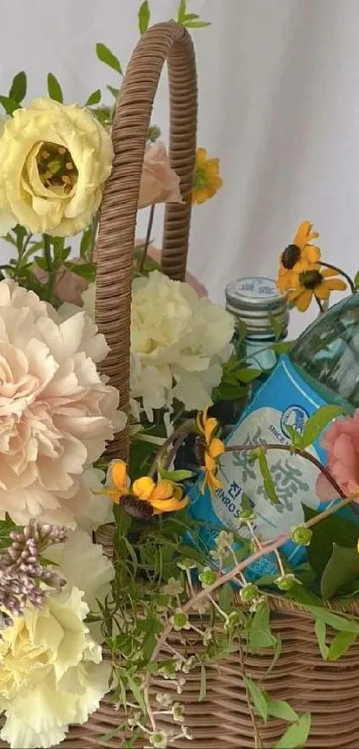 A floral basket with drinks for a refreshing, colorful wallpaper.