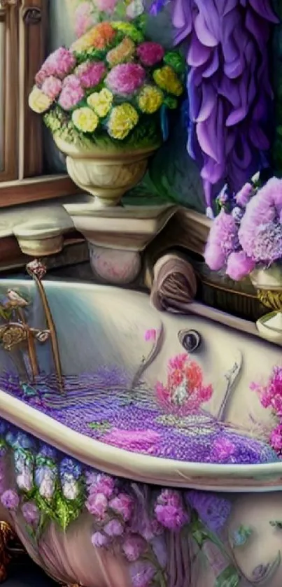 Colorful floral design in vintage bathtub wallpaper.