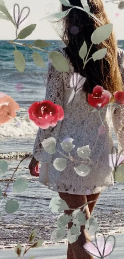 Nature-inspired wallpaper featuring a woman walking on the beach with floral designs.