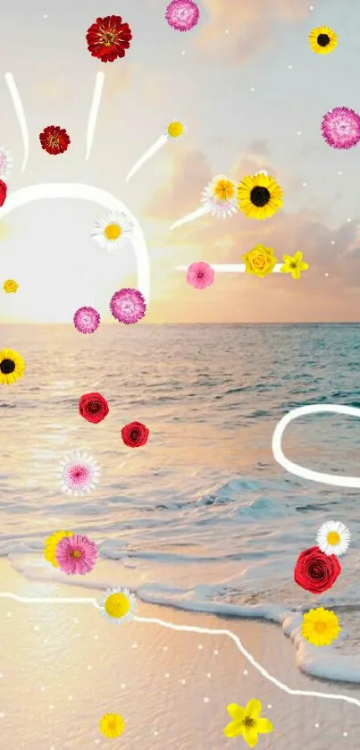 A vibrant floral beach sunrise wallpaper with colorful flowers and ocean waves.