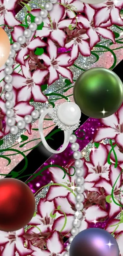 Floral and gemstone mobile wallpaper featuring pearls and flowers.