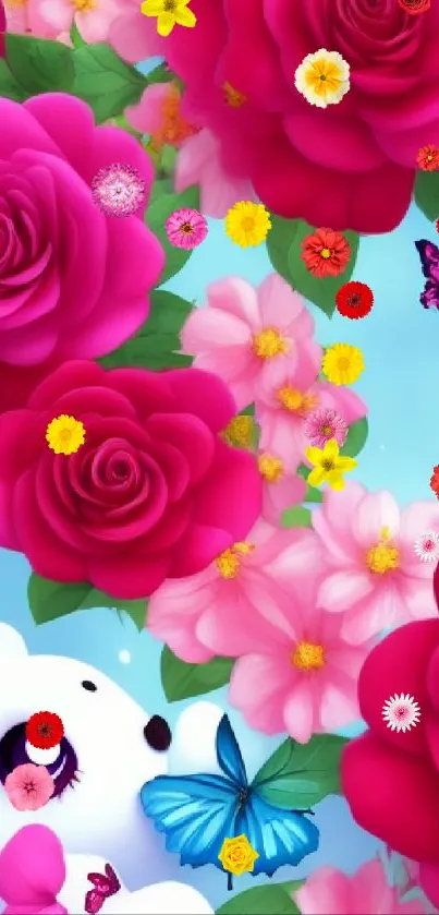 Colorful wallpaper with roses, bear, and butterflies.