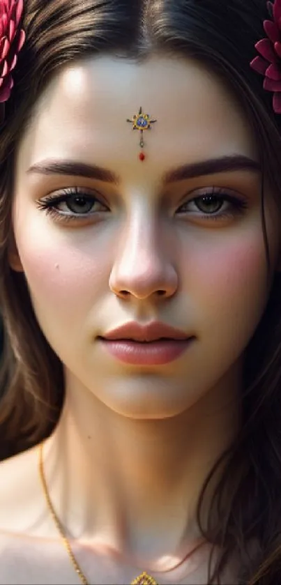 Close-up portrait of a woman with flowers in her hair, perfect for a wallpaper.