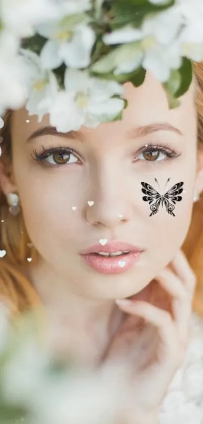 Woman in floral setting with butterfly tattoo on cheek.