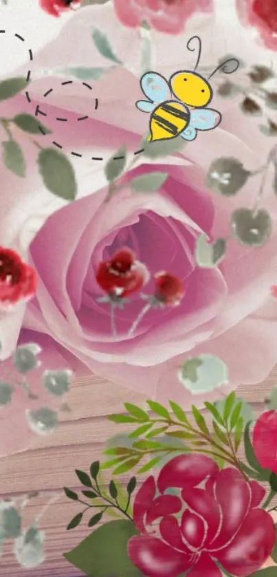 Pastel pink rose with bees and leaves mobile wallpaper.