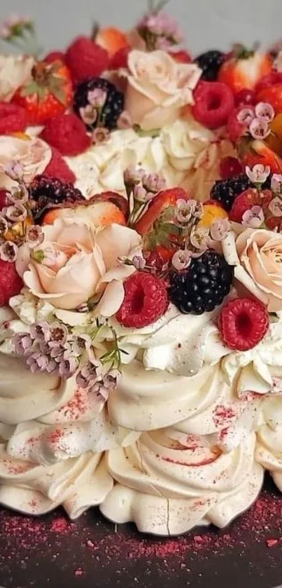 Floral and berry cake with cream design.