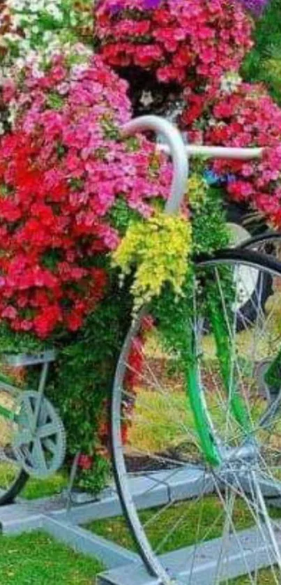 Colorful flowers on a bicycle in a garden setting.