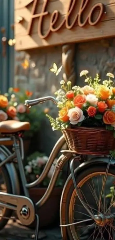 Bicycle with floral basket and welcoming sign on wall.