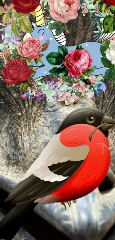 Red-breasted bird with floral wreath on artistic background.