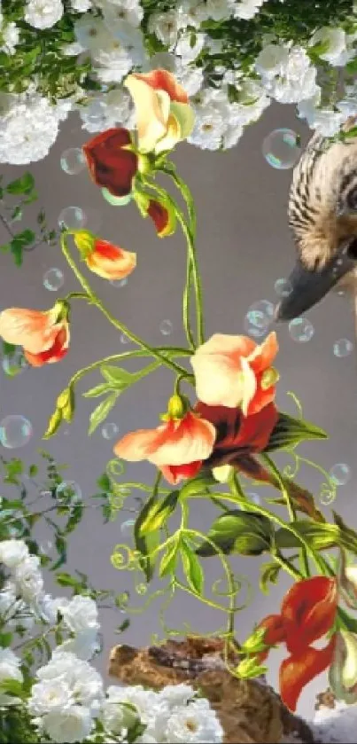 A beautiful fantasy wallpaper featuring a bird among vibrant flowers and bubbles.