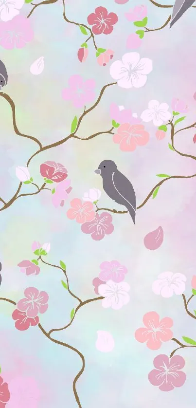 Nature-inspired pastel wallpaper with birds and cherry blossoms.