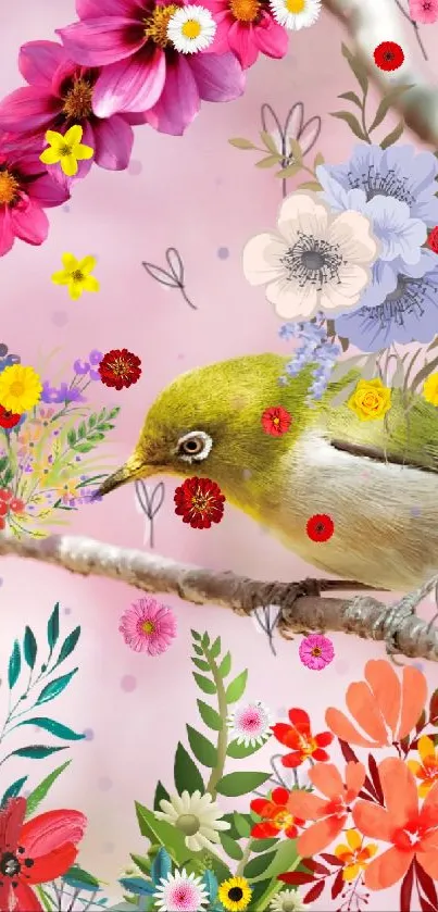 Bird on flowering branch with colorful flowers on a pink background.