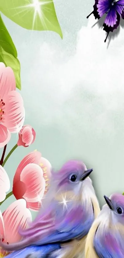 Beautiful wallpaper with birds, pink flowers, and a purple butterfly.