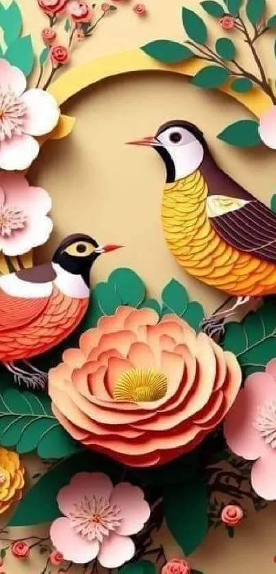 Colorful floral and bird mobile wallpaper art.