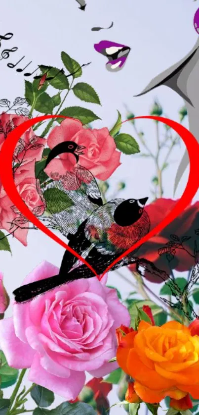 Artistic wallpaper with birds and roses inside a heart design.