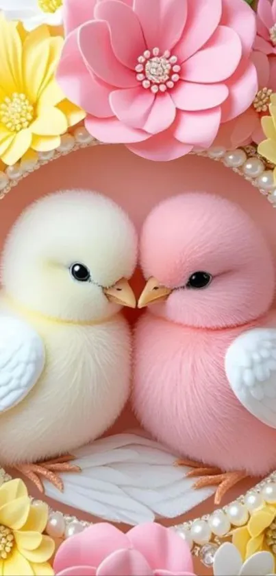 Two fluffy birds surrounded by pink and yellow flowers.
