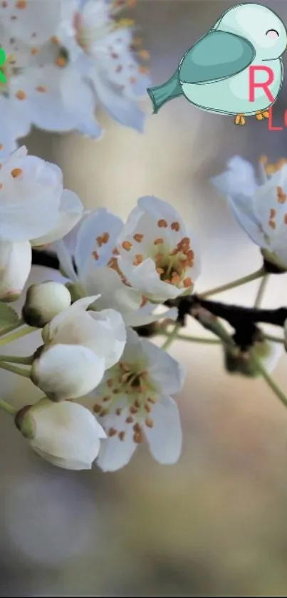 Spring blossoms with birds on tree branches.