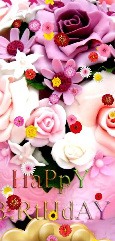 Floral birthday cake wallpaper with colorful roses.