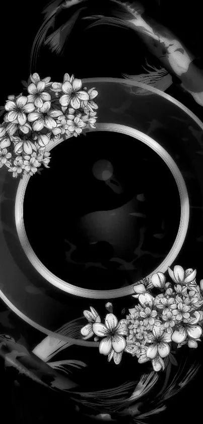 Black and white wallpaper with floral design and koi fish.