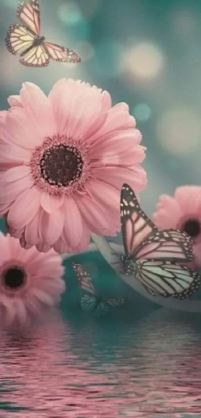 Pink flowers and butterflies with teal background in a serene wallpaper scene.