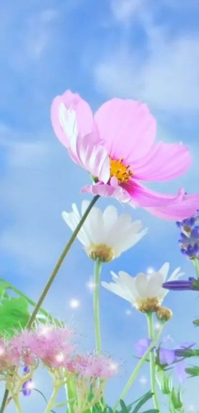 A serene floral scene with a blue sky backdrop.