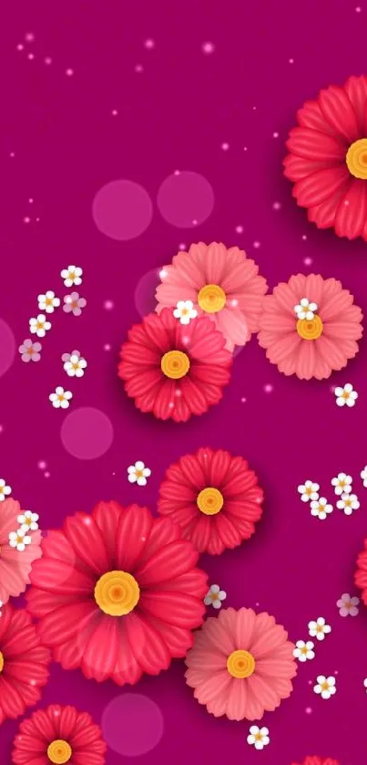 Vibrant pink and red floral patterned mobile wallpaper.