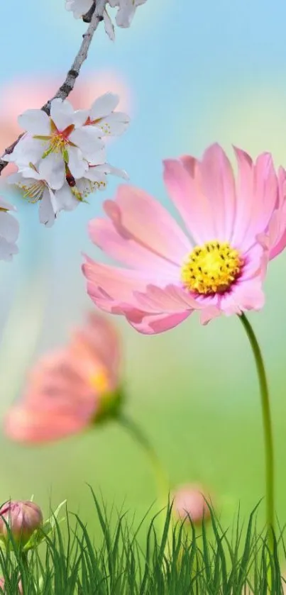 Pink flowers with green grass and blossoms under a clear sky.