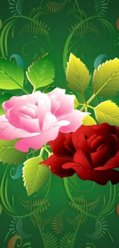 Pink and red roses on a green leafy background wallpaper.