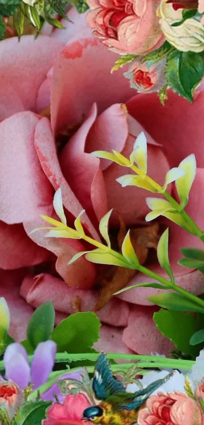 Vibrant floral wallpaper with pink roses and lush greenery.