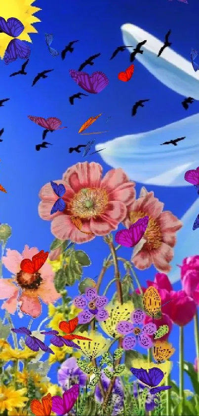 Vibrant floral mobile wallpaper with blue background and diverse flowers.