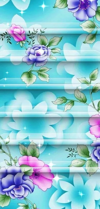 Turquoise wallpaper with purple and blue flowers.